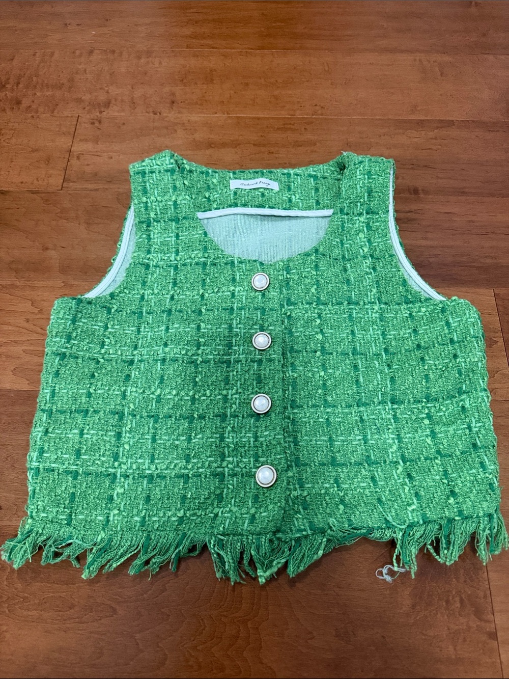 Green Tweed Button Front Fringe Vest